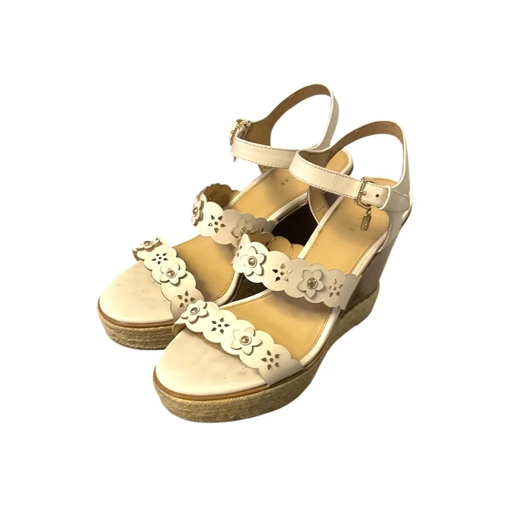 Coach Womens Chalk Leather Scalloped Floral Espadrille Wedge Sandals Size 9 B